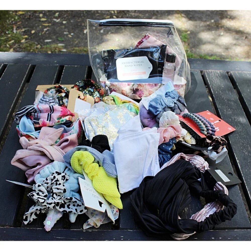 NEW - 30 Pcs Bundle - Scrunchies, Headbands, Roses Mask Gift Set + Antibac